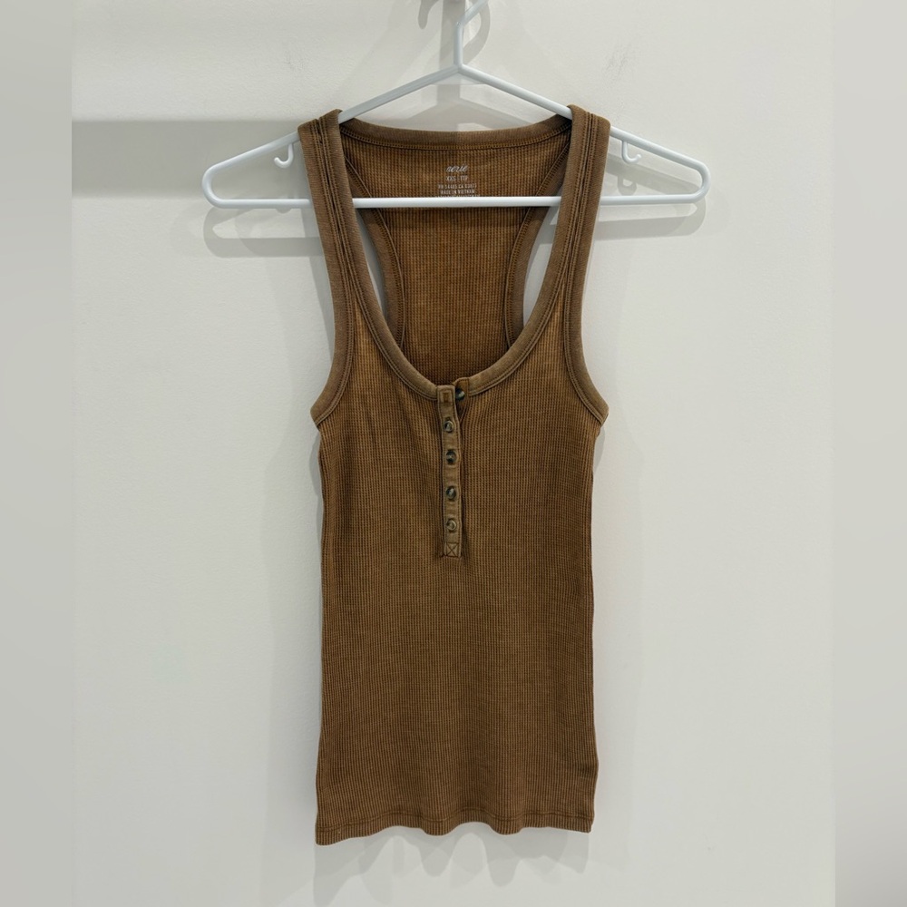 AERIE - Women’s Brown Stretch Waffle Tank Top with Buttons